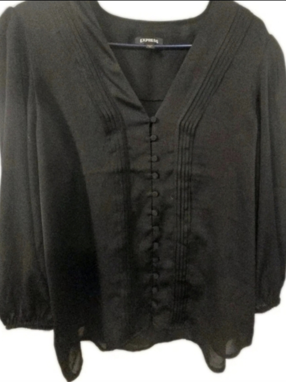 Express Black Button Blouse Women’s Large Long Sleeve Pleated V Neck Top 💵 - Picture 1 of 8